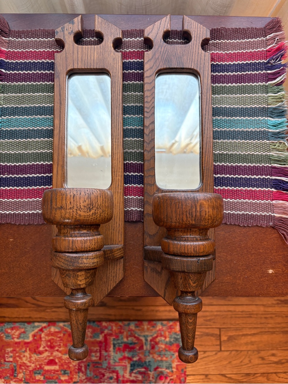 Vintage Oak Wall Sconces with Mirrors - Pair